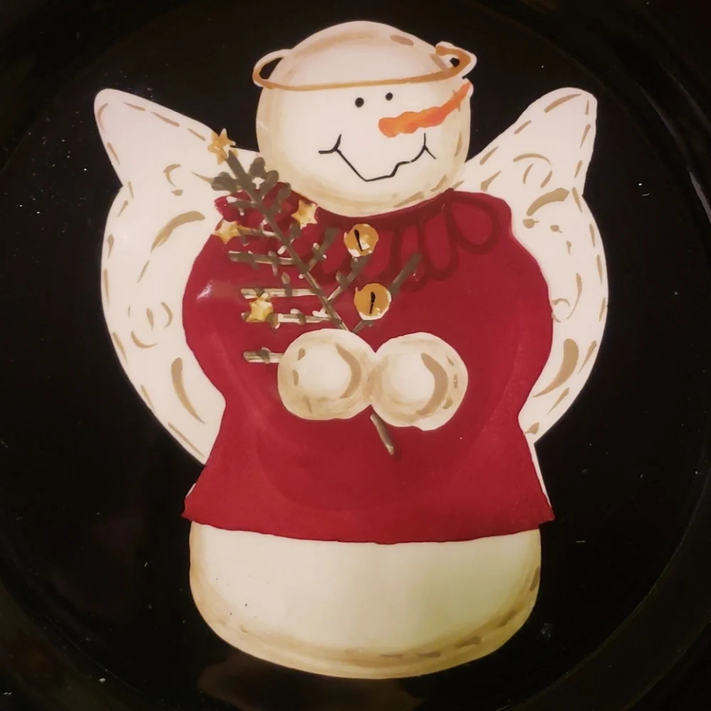 Vtg Set Of 4 Black Salad Dessert Plates Sonoma Snowman Angels